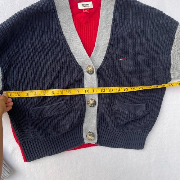 Tommy Hilfiger Colorblock Navy Red Gray Sweater Cardigan Size L Preppy Winter - Picture 5 of 7